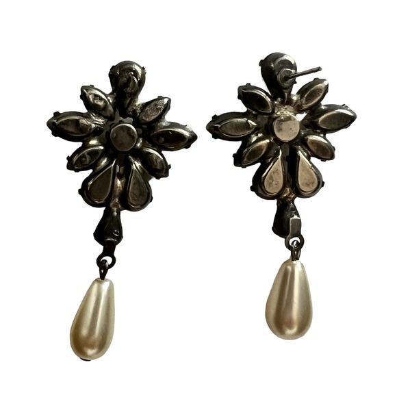 Vtg Tear Drop Pierced Earrings Opalescent Rhinestone Faux‎ Pearl Bride Jewelry - Picture 11 of 11